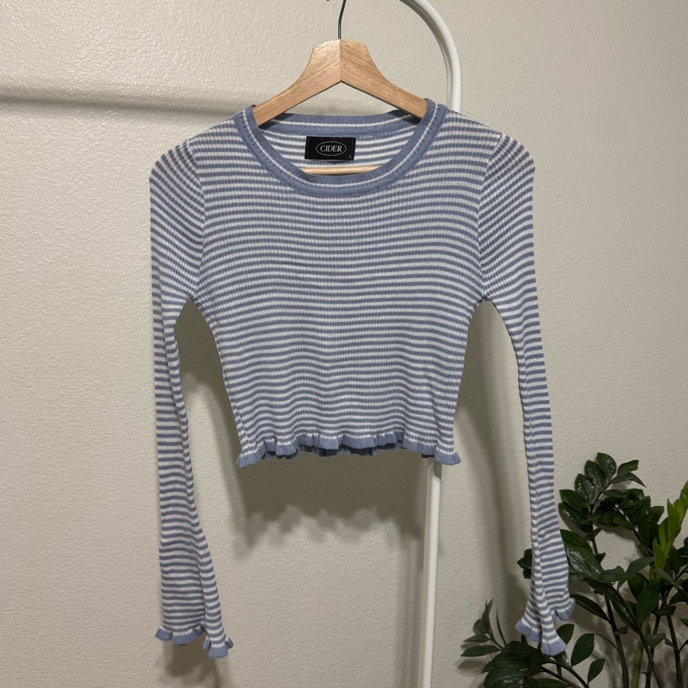 Cider Blue and White Striped Crop Top
